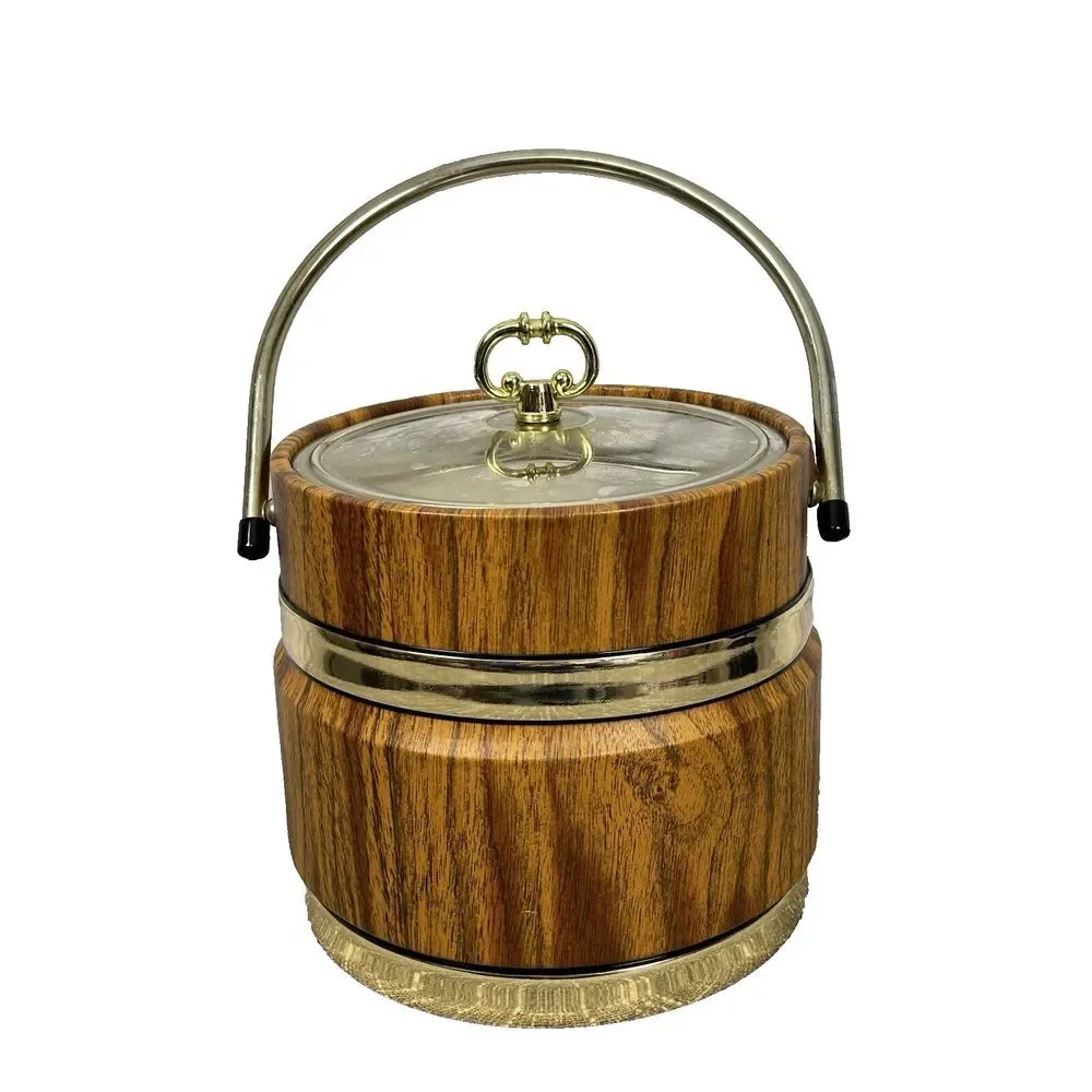 Vintage‎ Ice Bucket Faux Wood Insulated Barware Goldtone Banded Handle Pail